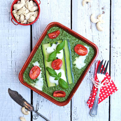 Zucchini (Courgette) Lasagna with Spinach, Basil and Tomato Pesto and Cashew Cream